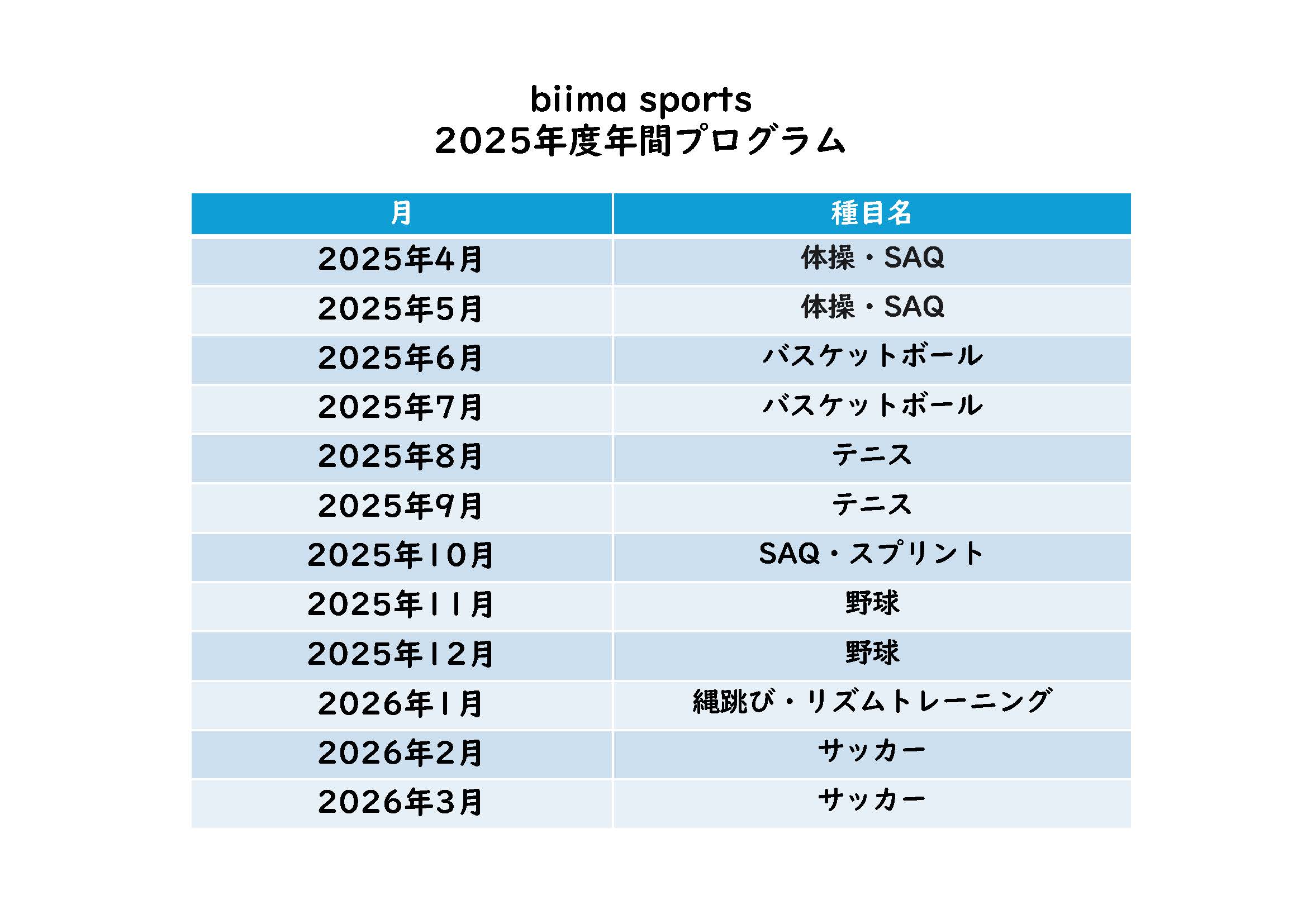 □2025年4月～2026年3月 | 総合スポーツスクール produced by biima sports